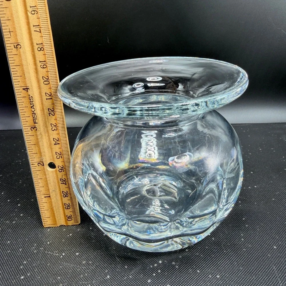 Blenko Clear Optic Glass Rose Bowl Vase Hand Blown Flared Rim Heavy Glass 4 Inch
